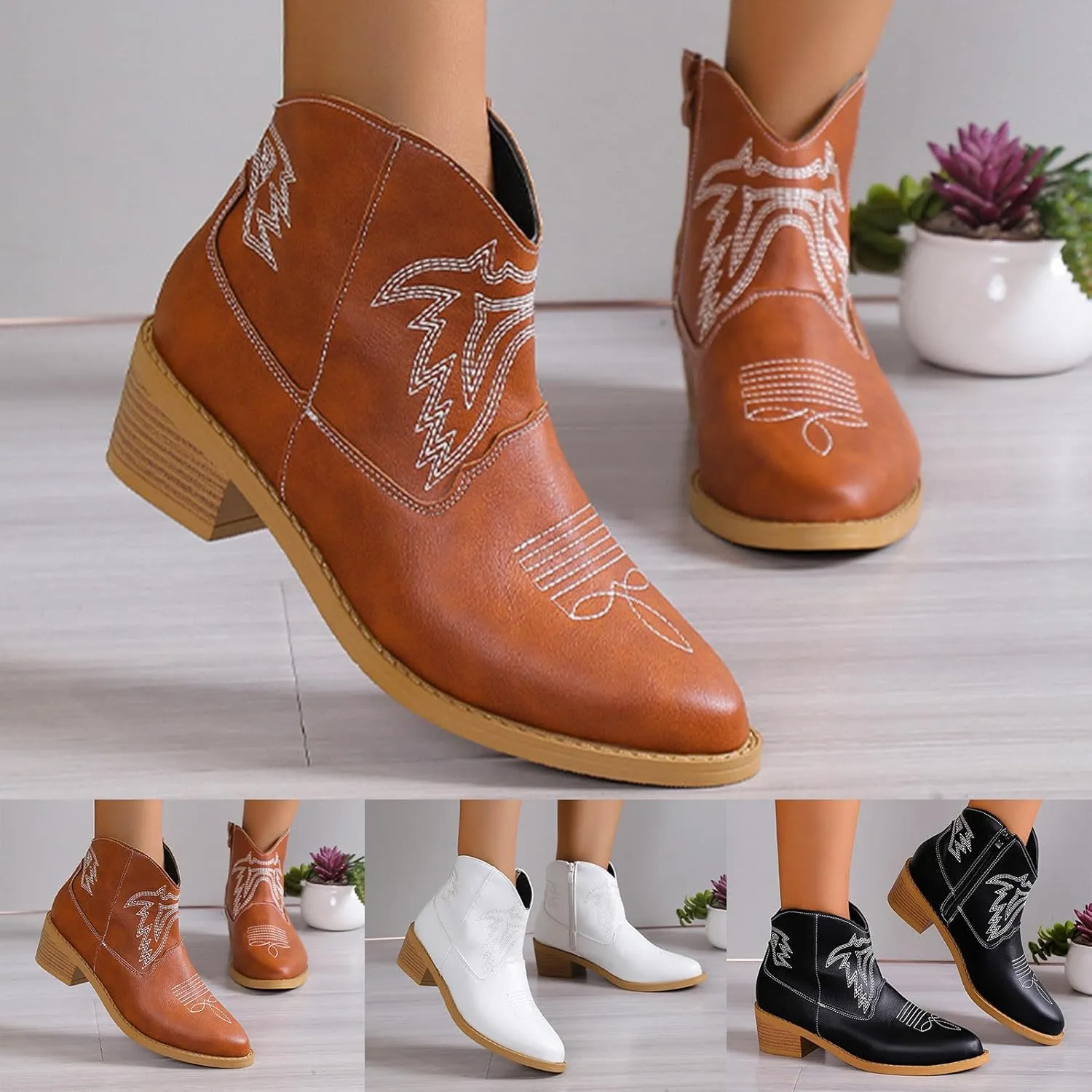 Ankle Boots for Women Dressy Chunky Heel Boots for Women Western Chunky Heel Pointed Toe Slip on Women Cowboy Boots