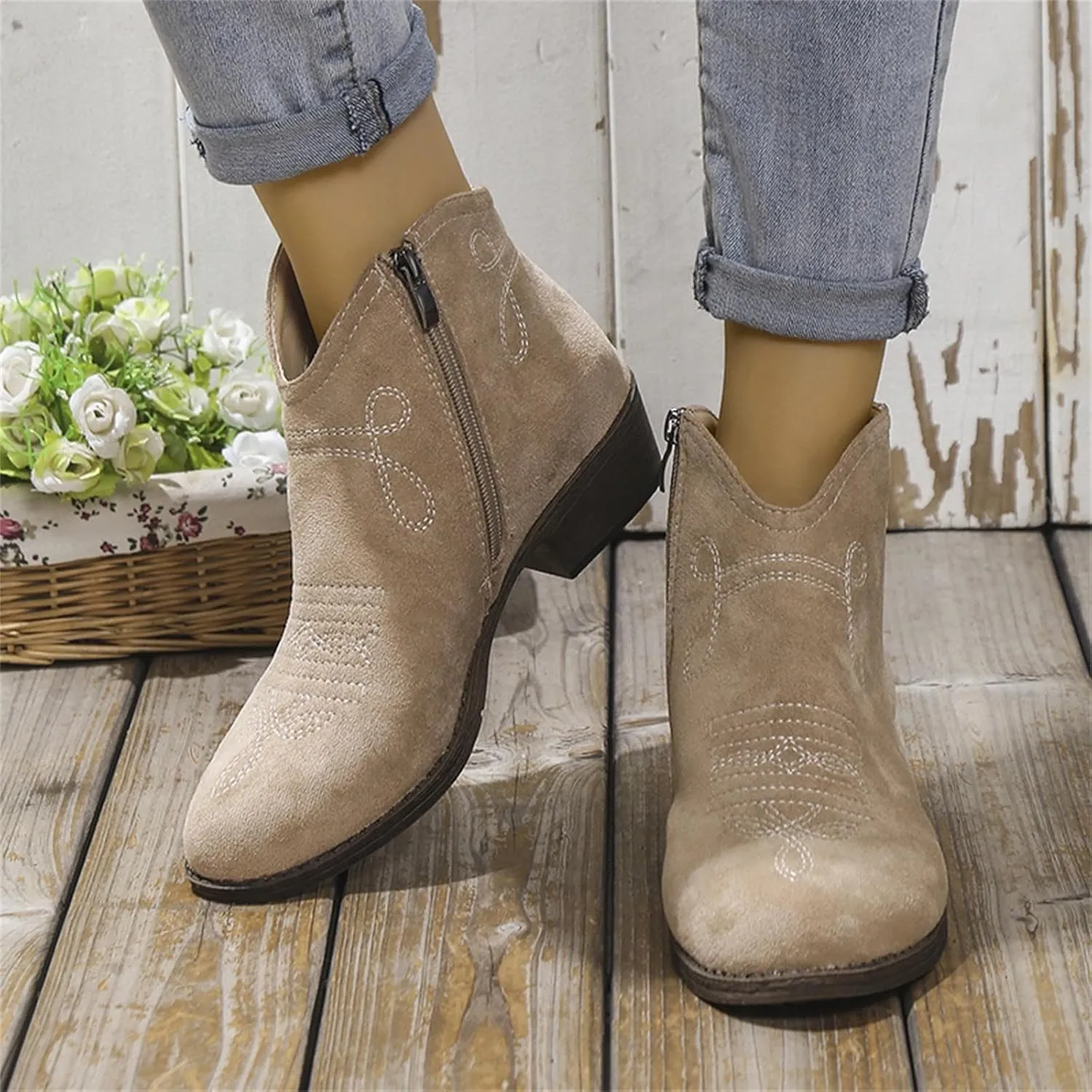 Ankle Boots for Women Dressy Winter Boots 2024 Casual Retro Pointed Toe Lace-up Leather Shoe Zipper Low Heel Booties