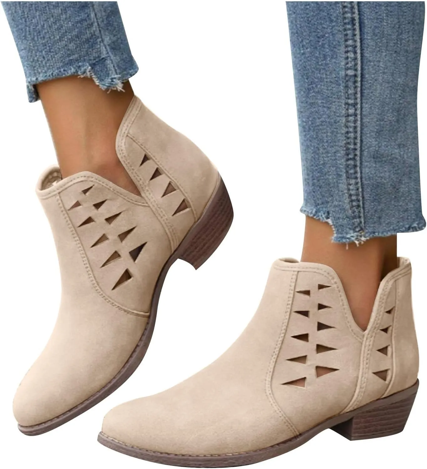 Ankle Boots for Women Low Heel Cowboy Boots V Cut Suede Retro Western Pointed Toe Chunky Heels Womens Ankle Boots