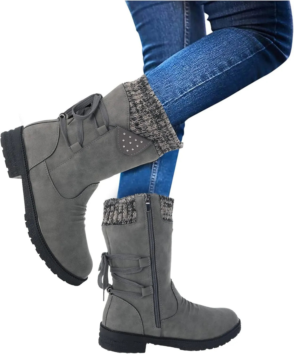 Anupeg Women's Mid Calf Boots,Knit Leather Splicing Boots for Women Low Heel Womens Side Zip Wide Calf Boots Fall Winter Western Cowboy Boots for Women Mid Calf Retro Cowgirl Booties Shoes