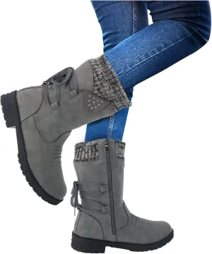 Anupeg Women's Mid Calf Boots,Knit Leather Splicing Boots for Women Low Heel Womens Side Zip Wide Calf Boots Fall Winter Western Cowboy Boots for Women Mid Calf Retro Cowgirl Booties Shoes