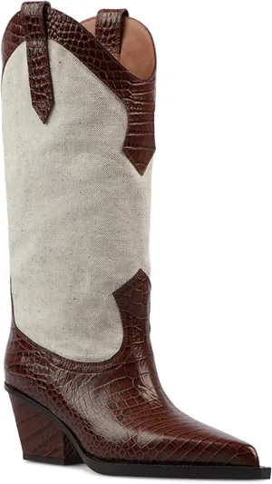 Arqa Leather-Trimmed Canvas Western Boots for Women Crafted from Robust Structure Mid-Calf Cowboy Boots Western-Inspired Design with Glossy Croc-Embossed Leather Around the Topline & Toes