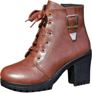 Boots for Women Ankle Booties Brown Boots for Women Casual Round Head High Heel Thick Bottom Lace Up Leather Boots