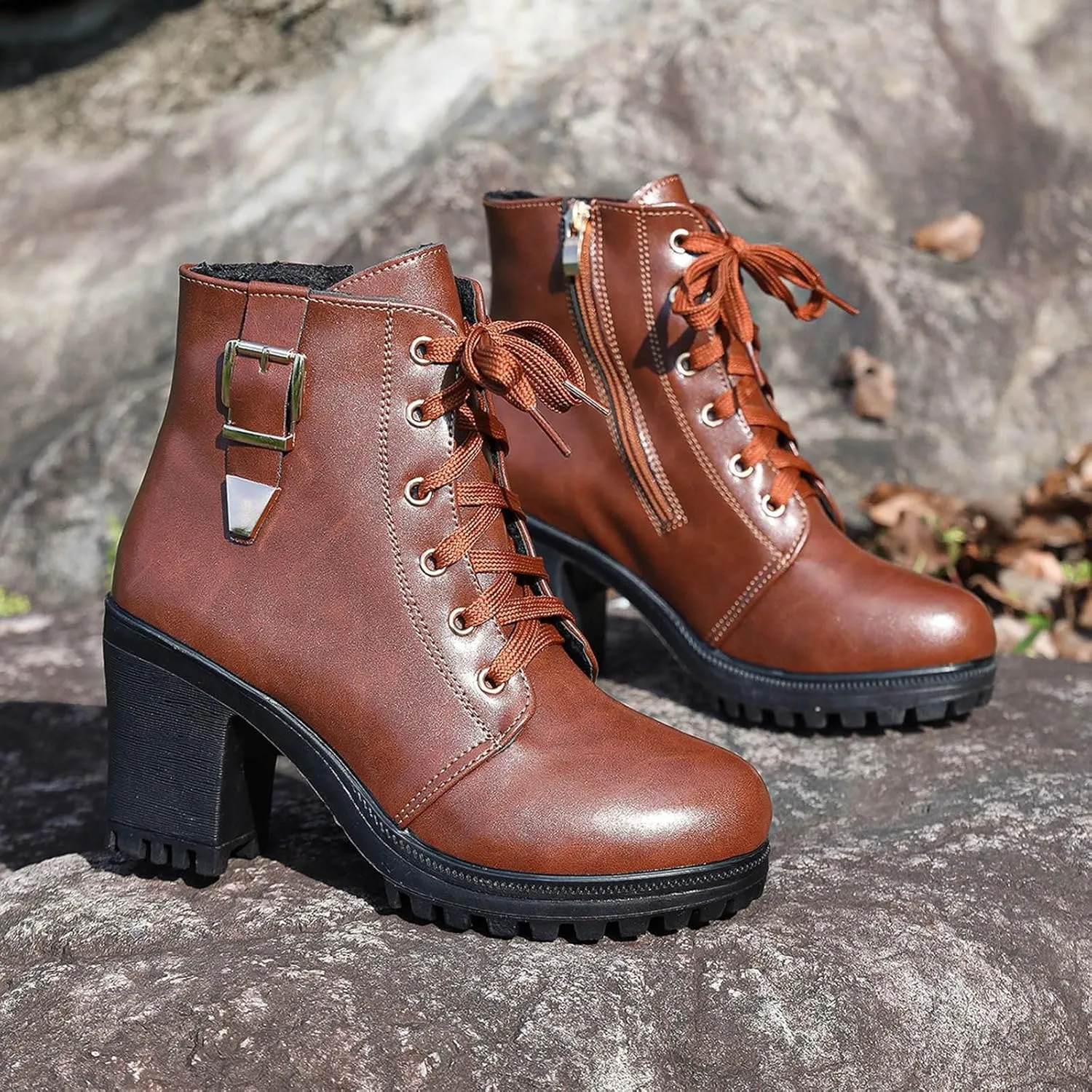 Boots for Women Ankle Booties Brown Boots for Women Casual Round Head High Heel Thick Bottom Lace Up Leather Boots