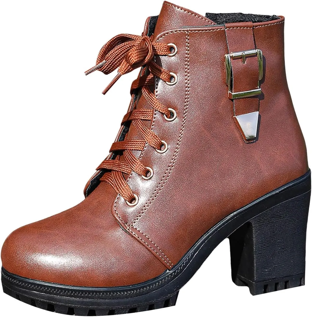Boots for Women Ankle Booties Brown Boots for Women Casual Round Head High Heel Thick Bottom Lace Up Leather Boots
