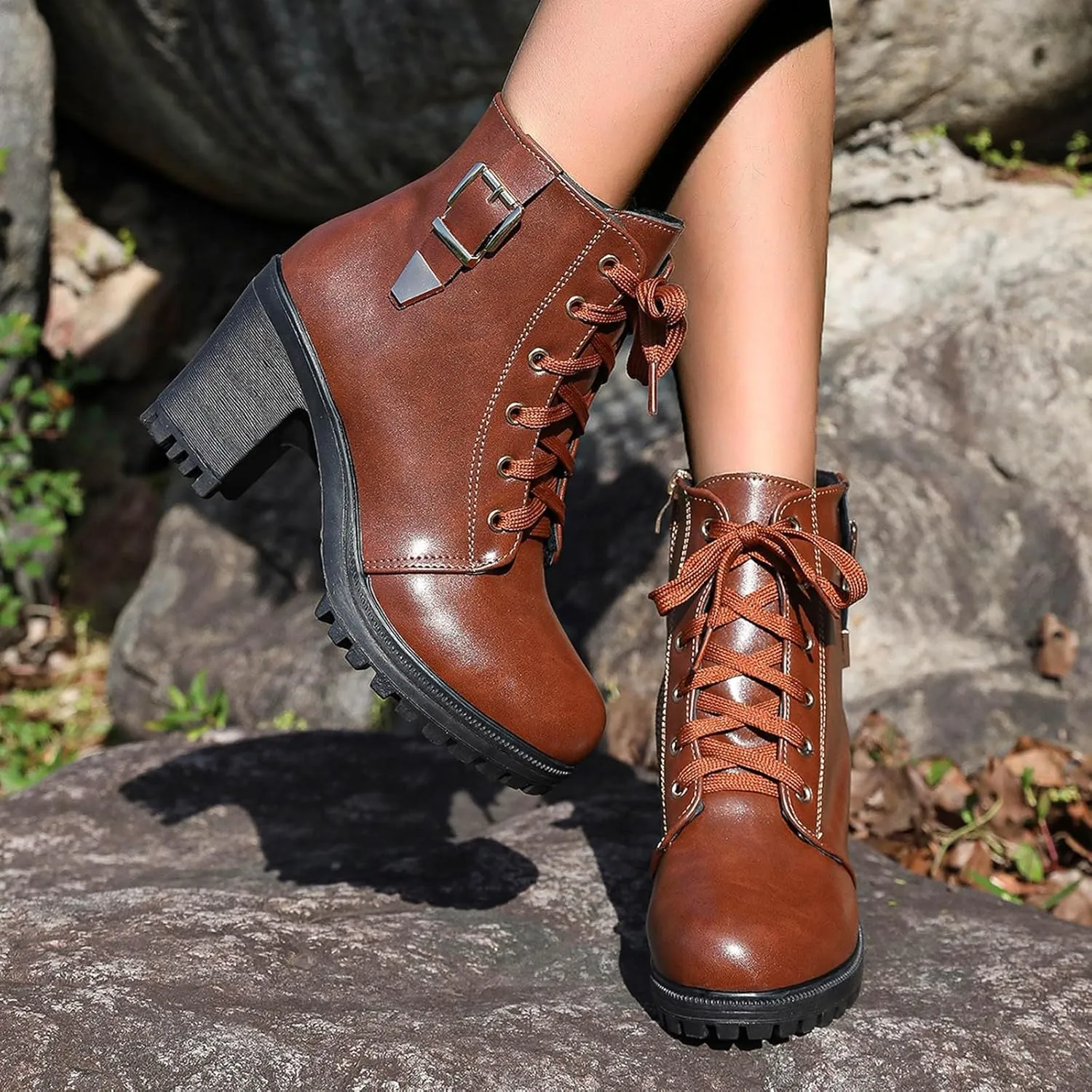Boots for Women Ankle Booties Brown Boots for Women Casual Round Head High Heel Thick Bottom Lace Up Leather Boots