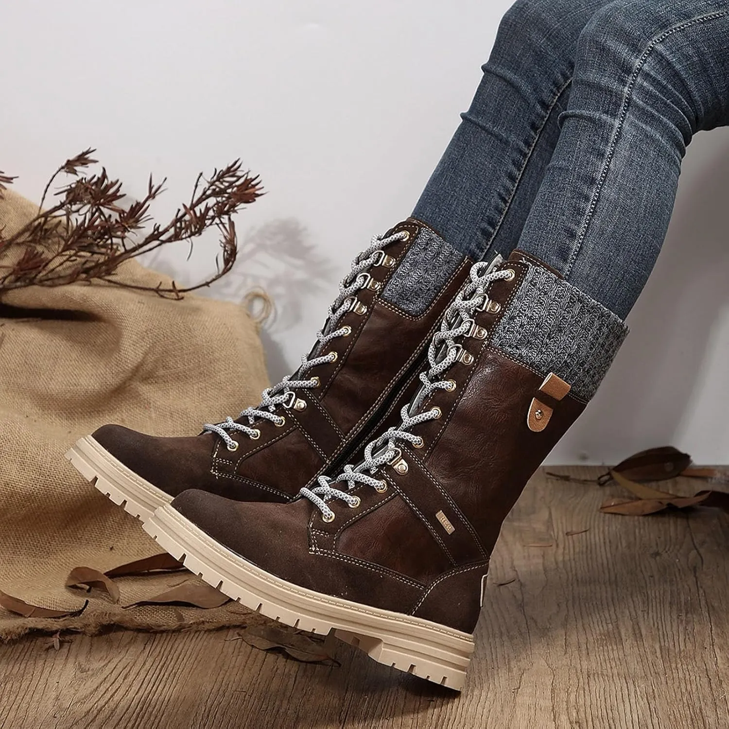 Boots for Women Chunky Heel Knitted Warm Mid Calf Boots Lace up Platform Zipper 2024 Trendy Snow Womens Boots