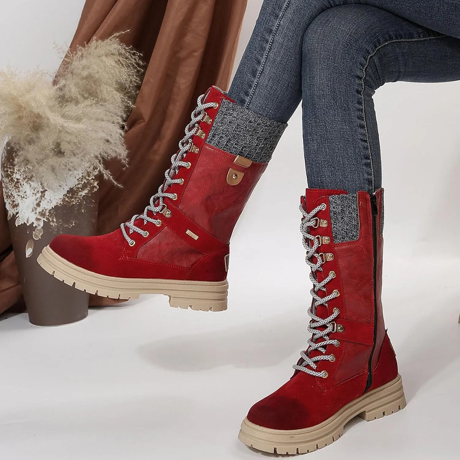 Boots for Women Chunky Heel Knitted Warm Mid Calf Boots Lace up Platform Zipper 2024 Trendy Snow Womens Boots