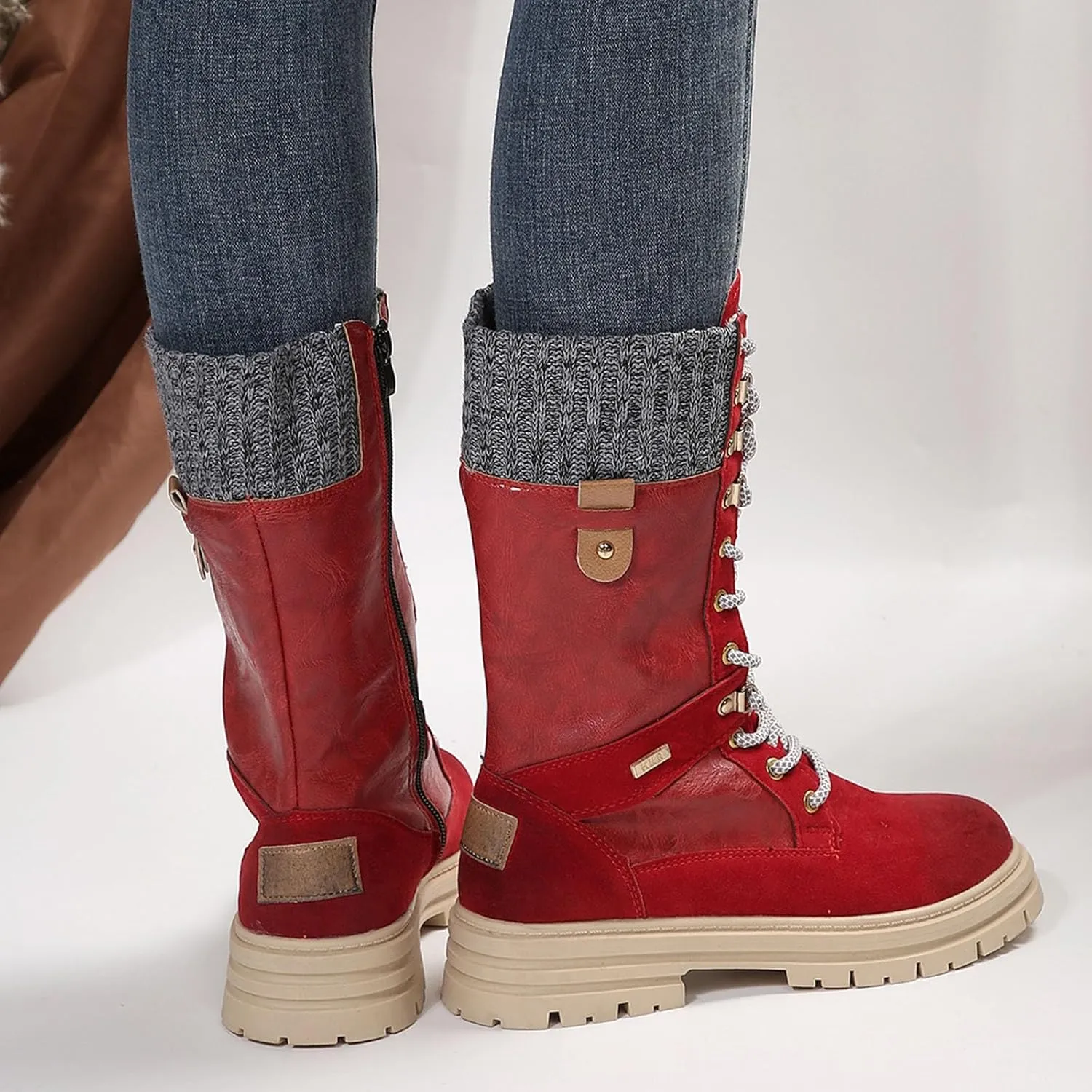 Boots for Women Chunky Heel Knitted Warm Mid Calf Boots Lace up Platform Zipper 2024 Trendy Snow Womens Boots