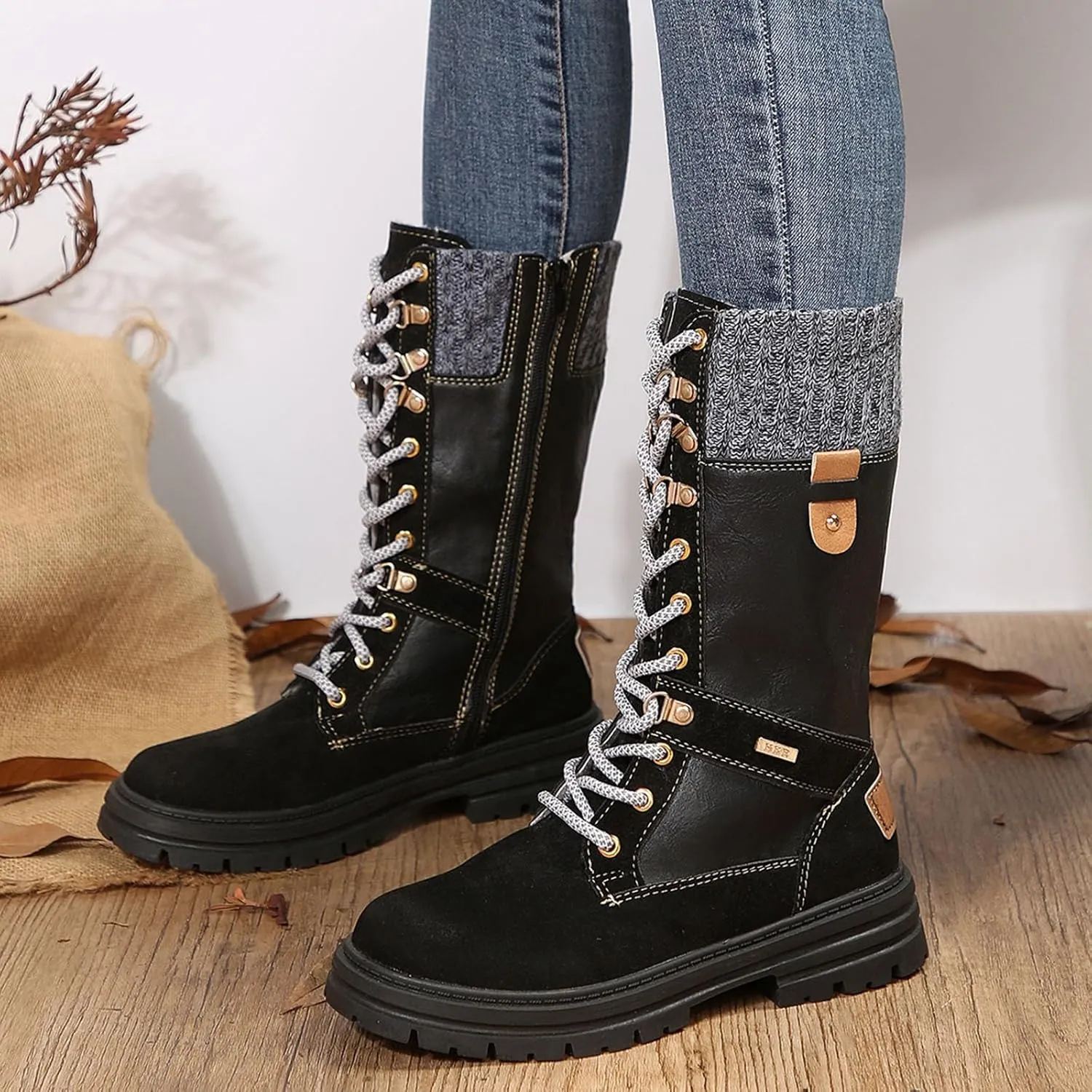 Boots for Women Chunky Heel Knitted Warm Mid Calf Boots Lace up Platform Zipper 2024 Trendy Snow Womens Boots