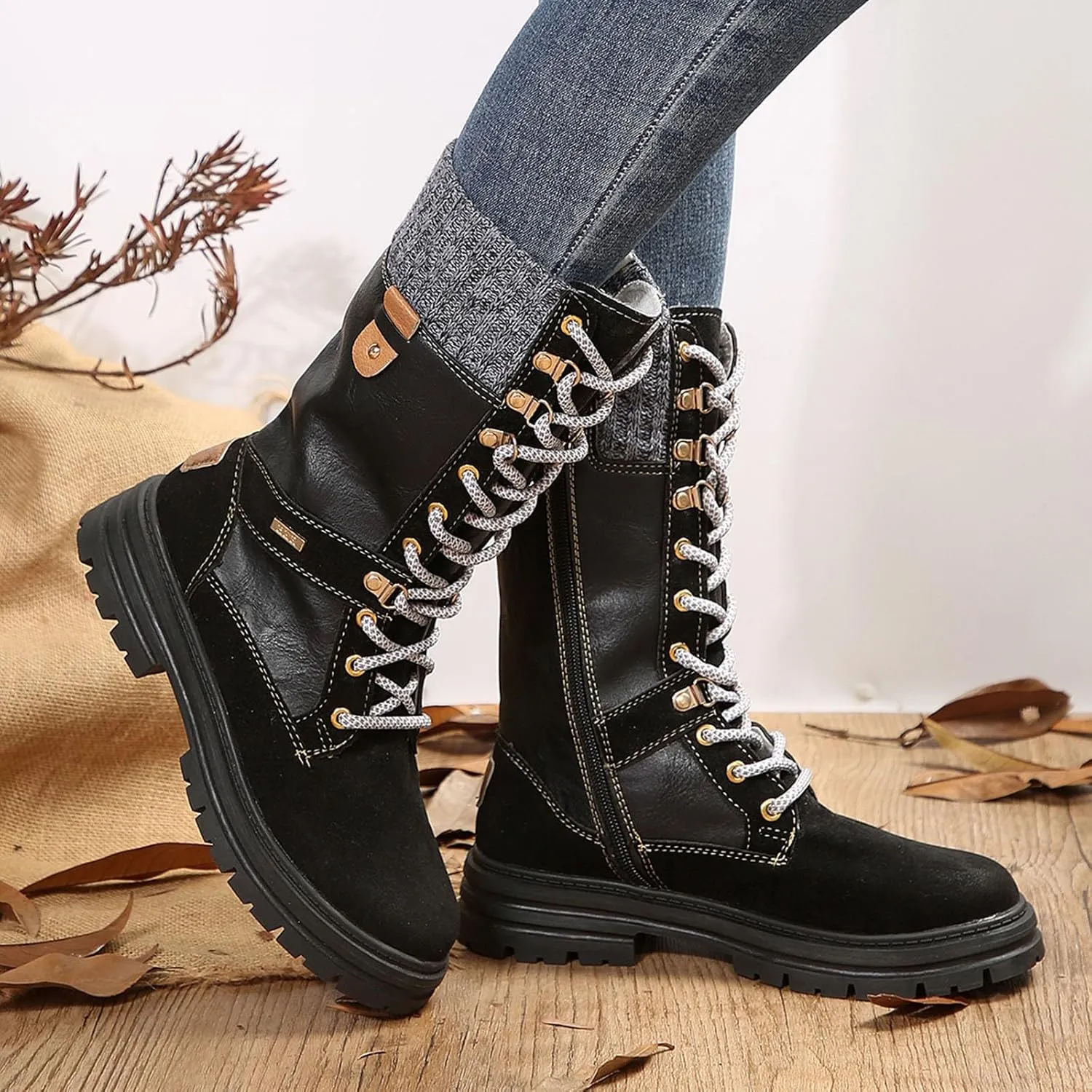 Boots for Women Chunky Heel Knitted Warm Mid Calf Boots Lace up Platform Zipper 2024 Trendy Snow Womens Boots