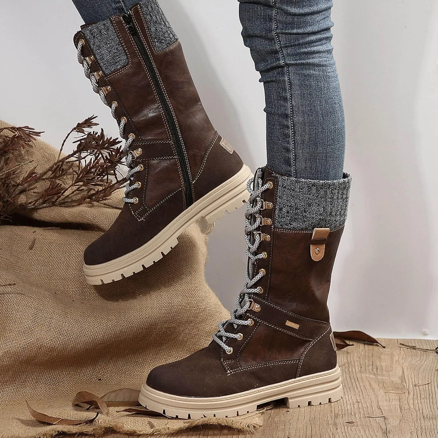 Boots for Women Chunky Heel Knitted Warm Mid Calf Boots Lace up Platform Zipper 2024 Trendy Snow Womens Boots