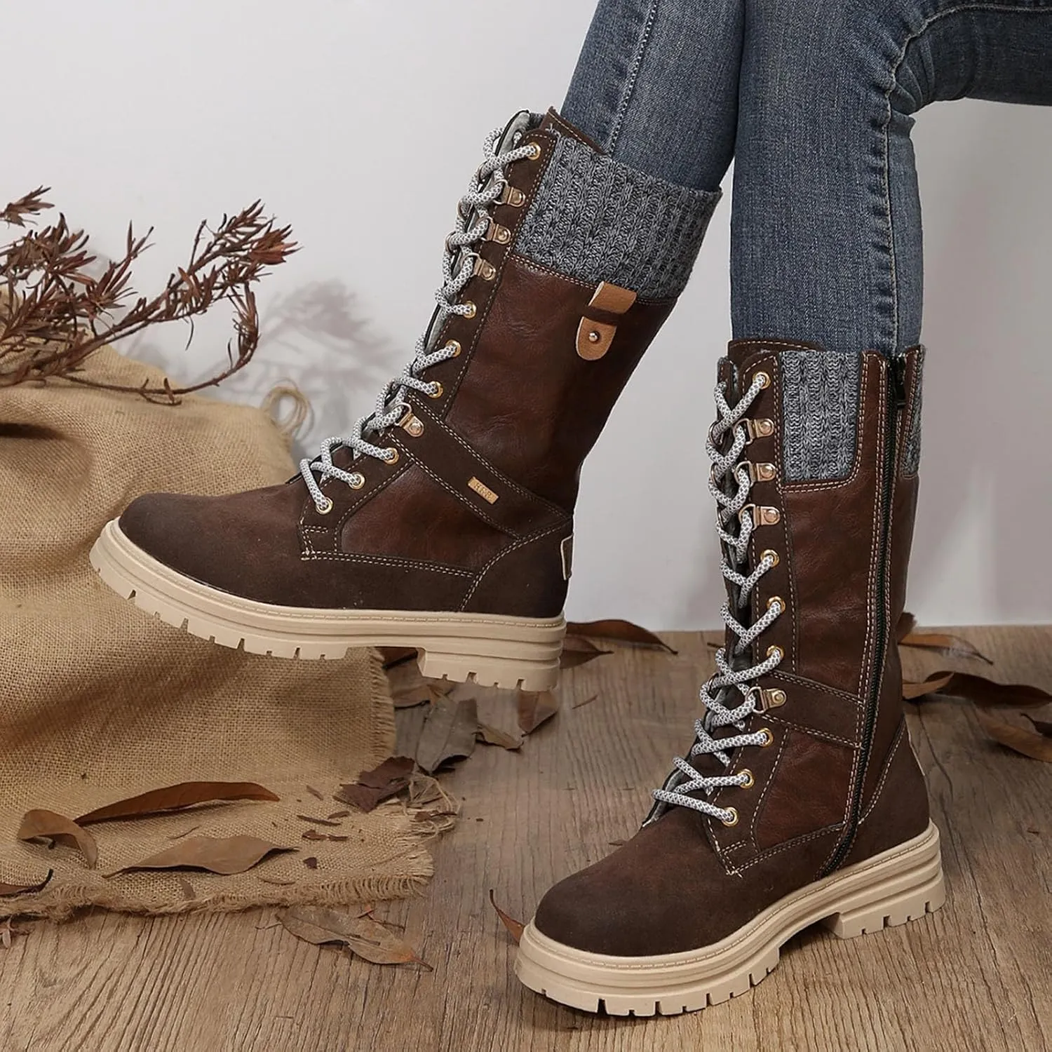 Boots for Women Chunky Heel Knitted Warm Mid Calf Boots Lace up Platform Zipper 2024 Trendy Snow Womens Boots