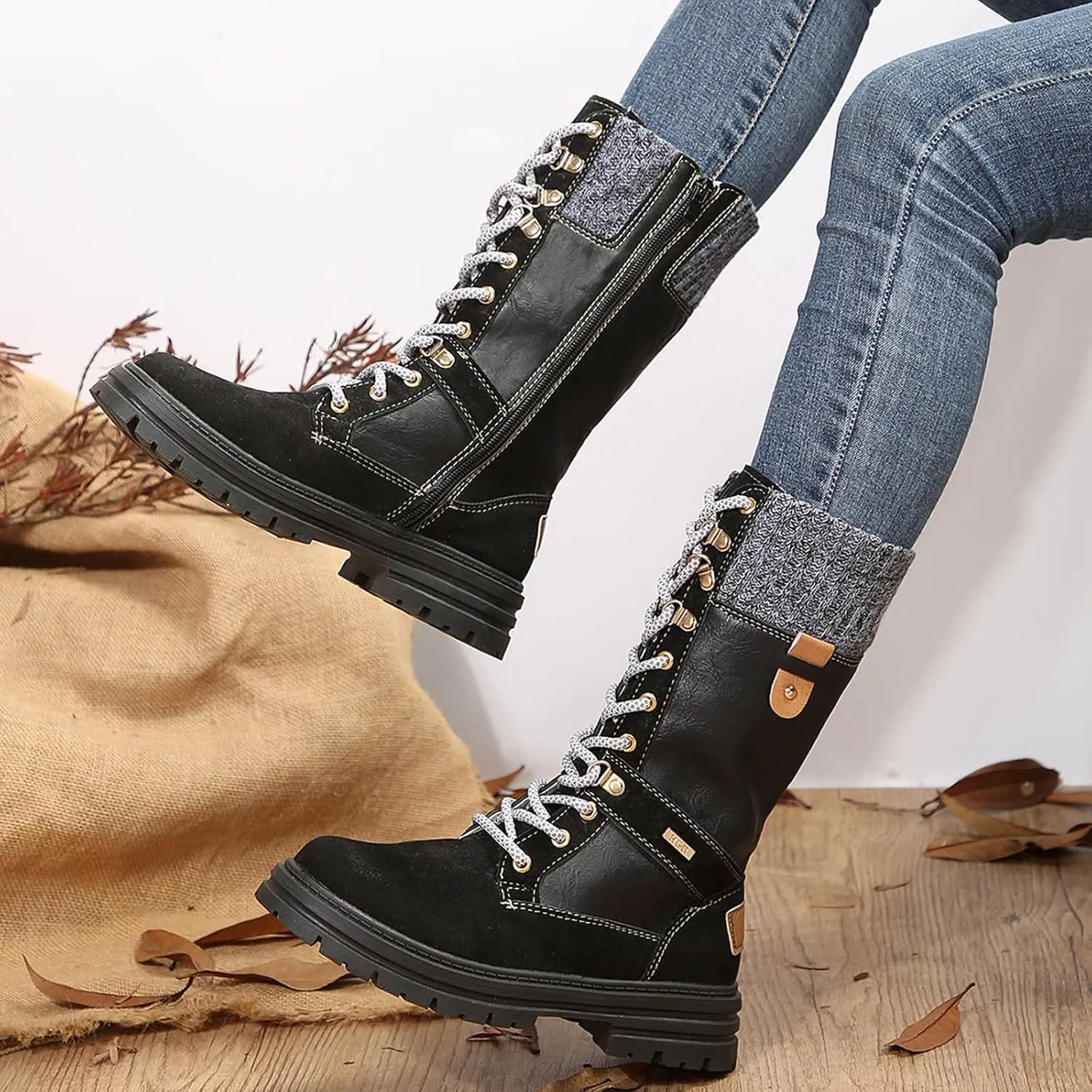 Boots for Women Chunky Heel Knitted Warm Mid Calf Boots Lace up Platform Zipper 2024 Trendy Snow Womens Boots