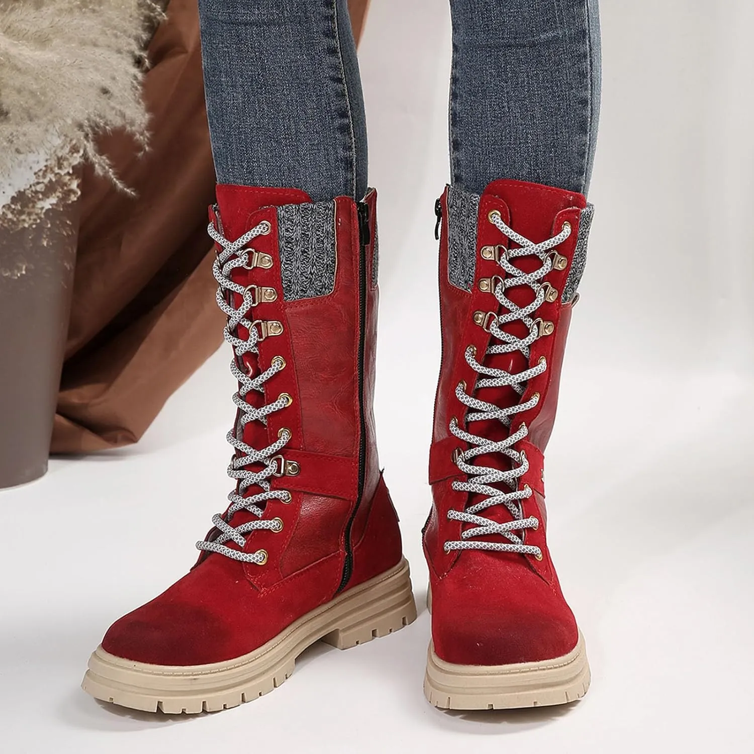 Boots for Women Chunky Heel Knitted Warm Mid Calf Boots Lace up Platform Zipper 2024 Trendy Snow Womens Boots