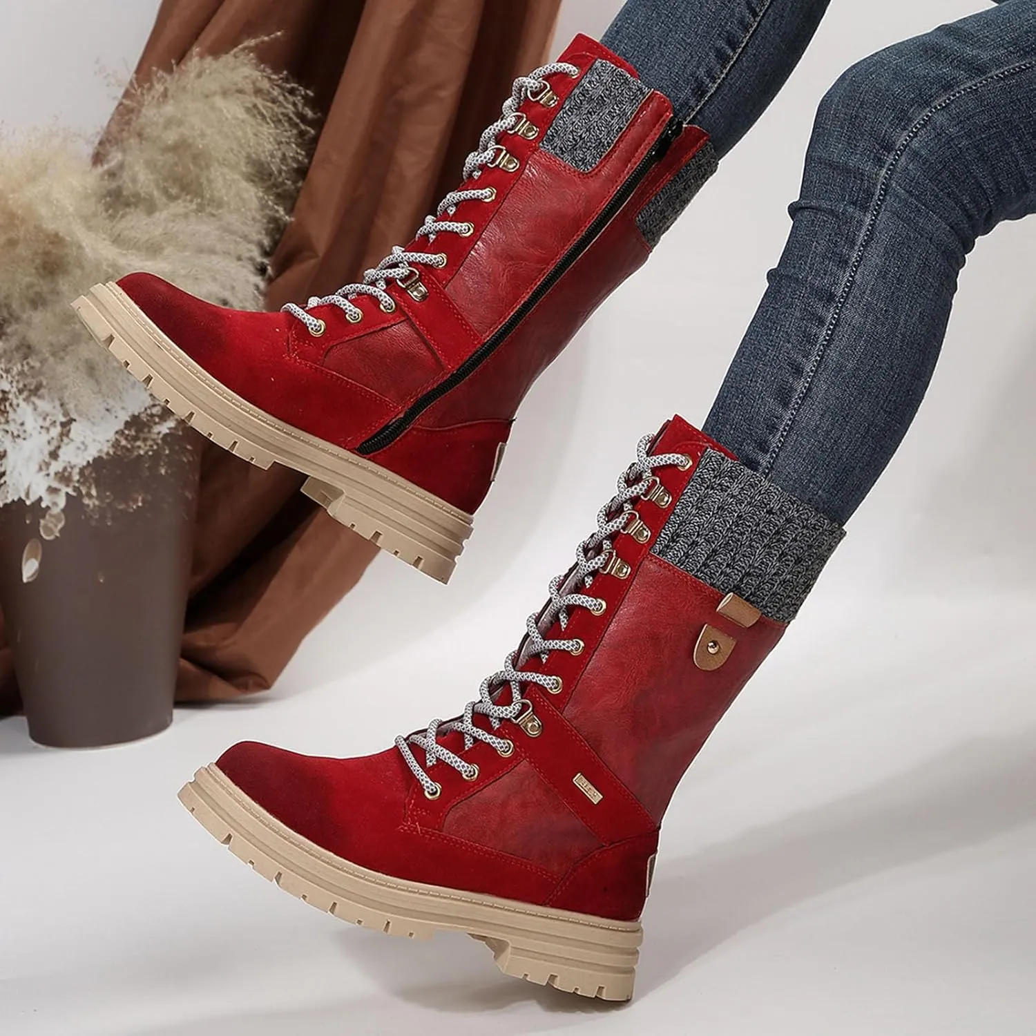 Boots for Women Chunky Heel Knitted Warm Mid Calf Boots Lace up Platform Zipper 2024 Trendy Snow Womens Boots