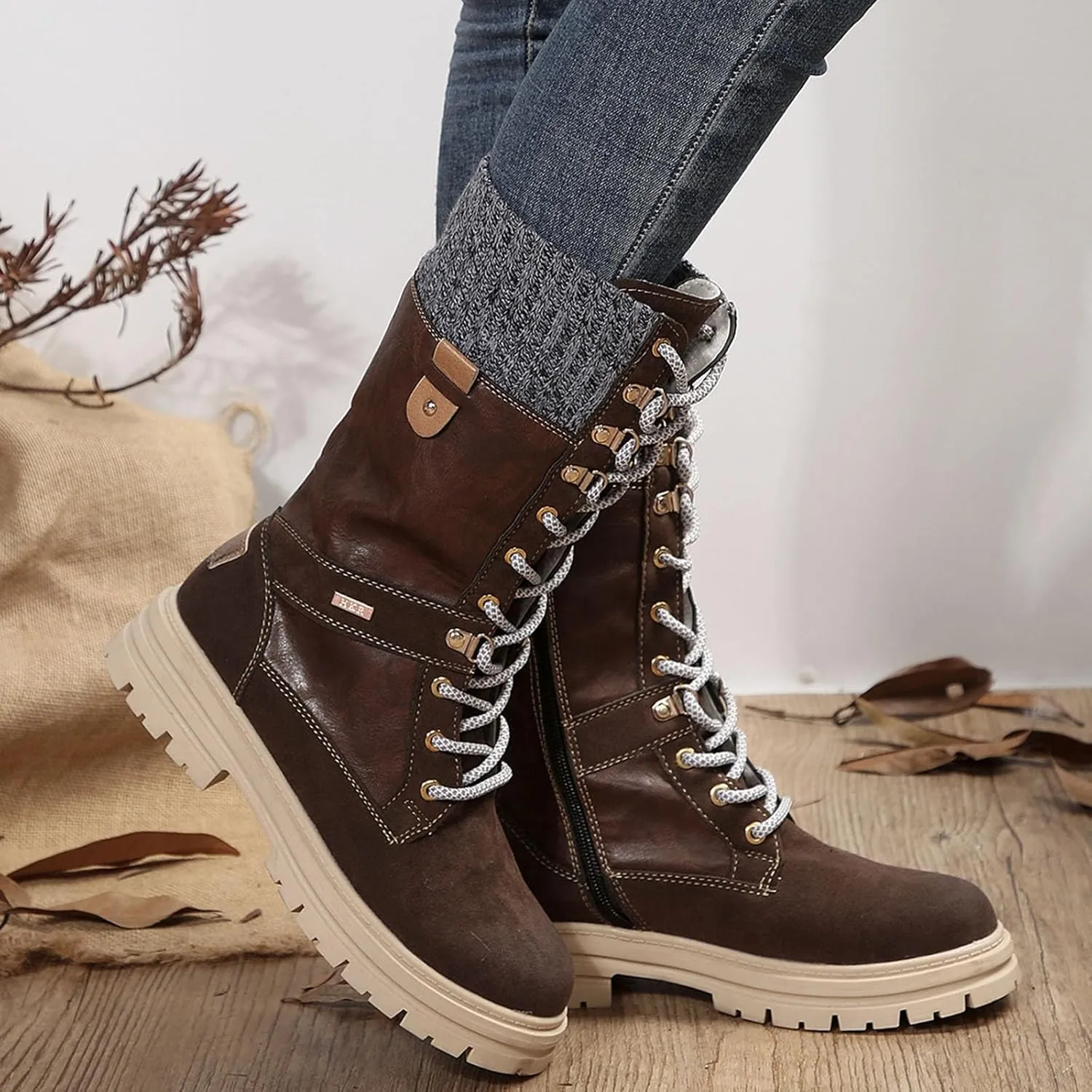 Boots for Women Chunky Heel Knitted Warm Mid Calf Boots Lace up Platform Zipper 2024 Trendy Snow Womens Boots