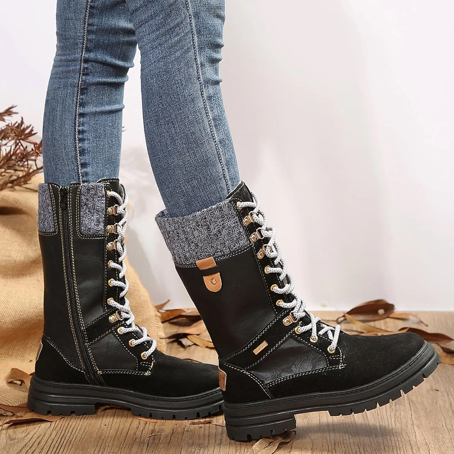 Boots for Women Chunky Heel Knitted Warm Mid Calf Boots Lace up Platform Zipper 2024 Trendy Snow Womens Boots