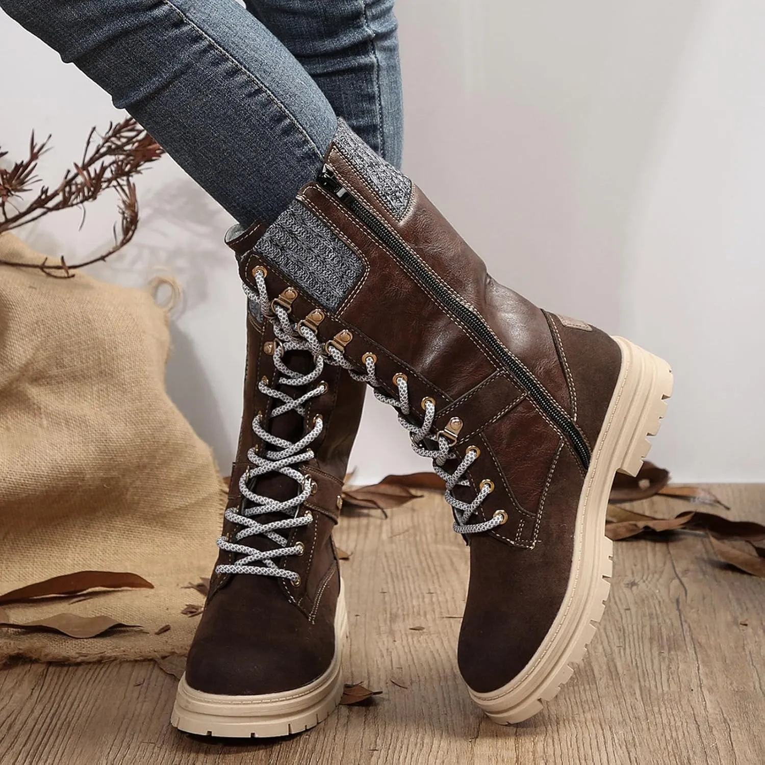 Boots for Women Chunky Heel Knitted Warm Mid Calf Boots Lace up Platform Zipper 2024 Trendy Snow Womens Boots