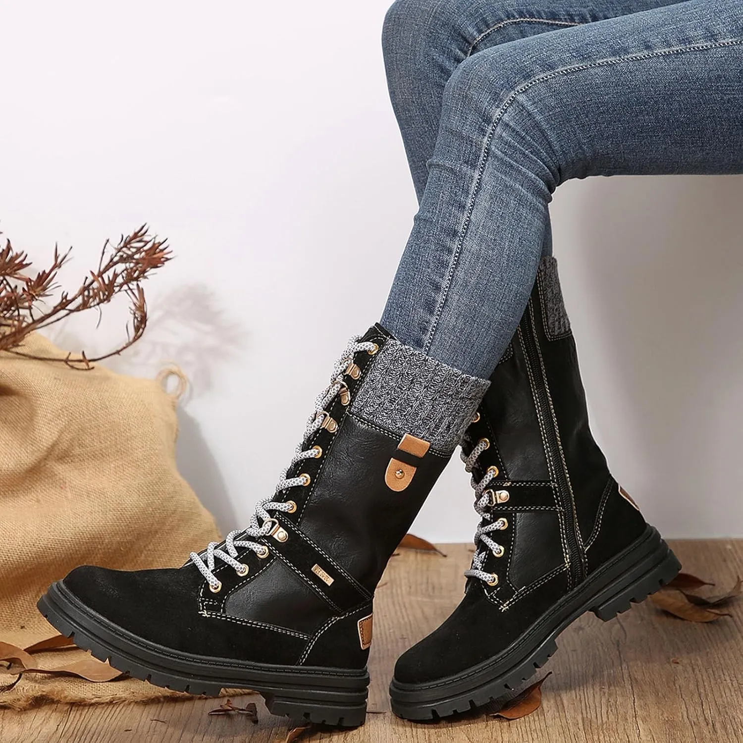 Boots for Women Chunky Heel Knitted Warm Mid Calf Boots Lace up Platform Zipper 2024 Trendy Snow Womens Boots