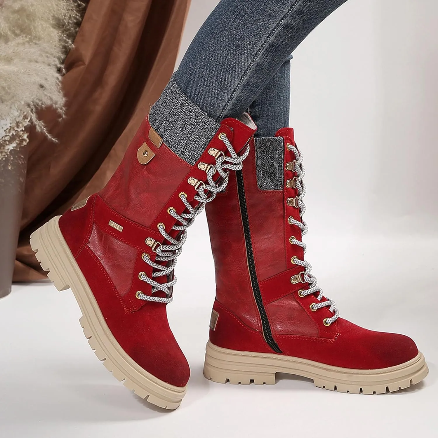 Boots for Women Chunky Heel Knitted Warm Mid Calf Boots Lace up Platform Zipper 2024 Trendy Snow Womens Boots
