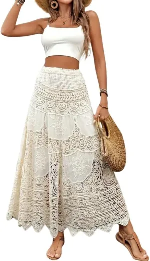 chouyatou Women's Floral Embroidered Knit Skirt Lace Crochet Eyelet Elastic Waist Flared Maxi Long Skirt