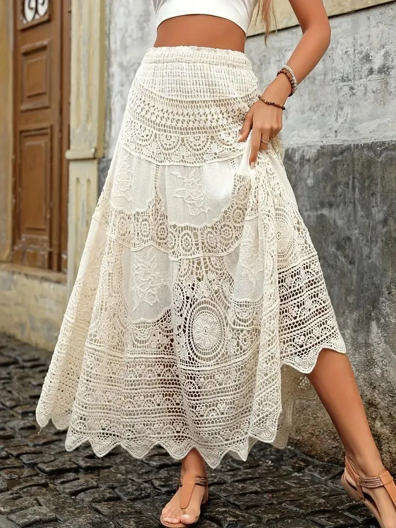 chouyatou Women's Floral Embroidered Knit Skirt Lace Crochet Eyelet Elastic Waist Flared Maxi Long Skirt
