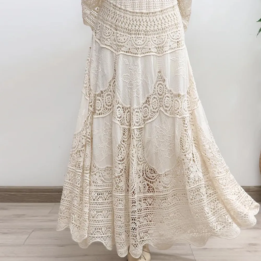 chouyatou Women's Floral Embroidered Knit Skirt Lace Crochet Eyelet Elastic Waist Flared Maxi Long Skirt