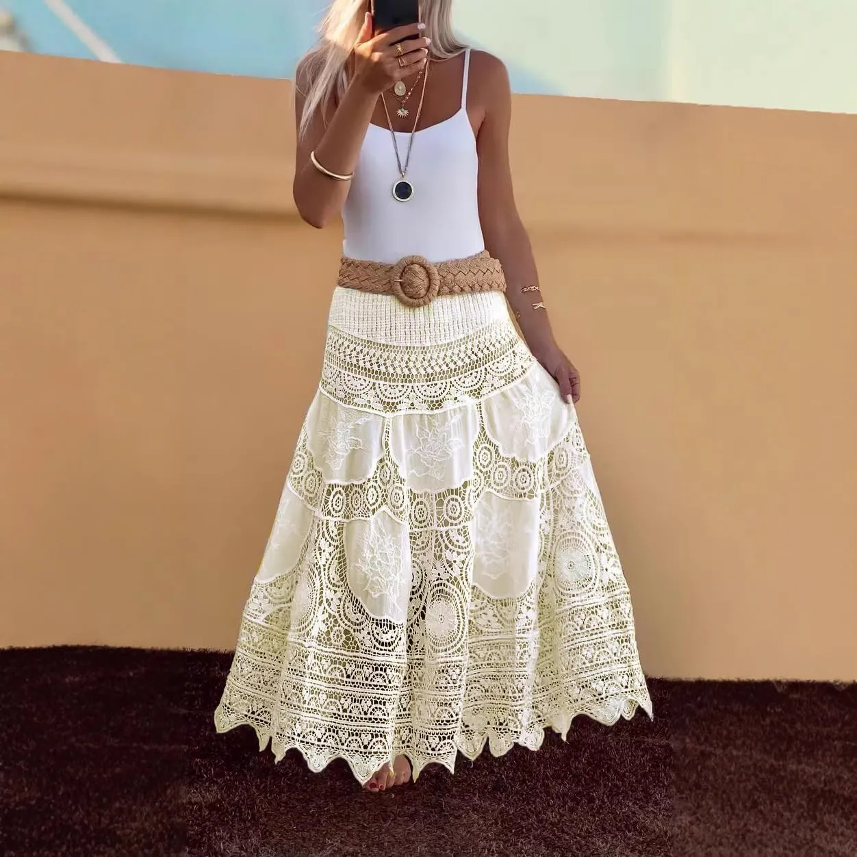 chouyatou Women's Floral Embroidered Knit Skirt Lace Crochet Eyelet Elastic Waist Flared Maxi Long Skirt