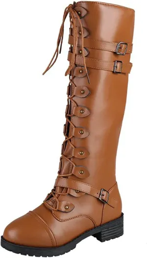 Combat Boots Womens Buckle Belt Thigh High Boots Strappy Hiking Boots Combat Boots Knee High Long Boots