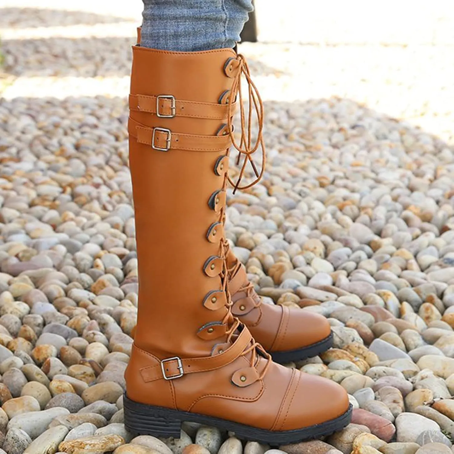 Combat Boots Womens Buckle Belt Thigh High Boots Strappy Hiking Boots Combat Boots Knee High Long Boots