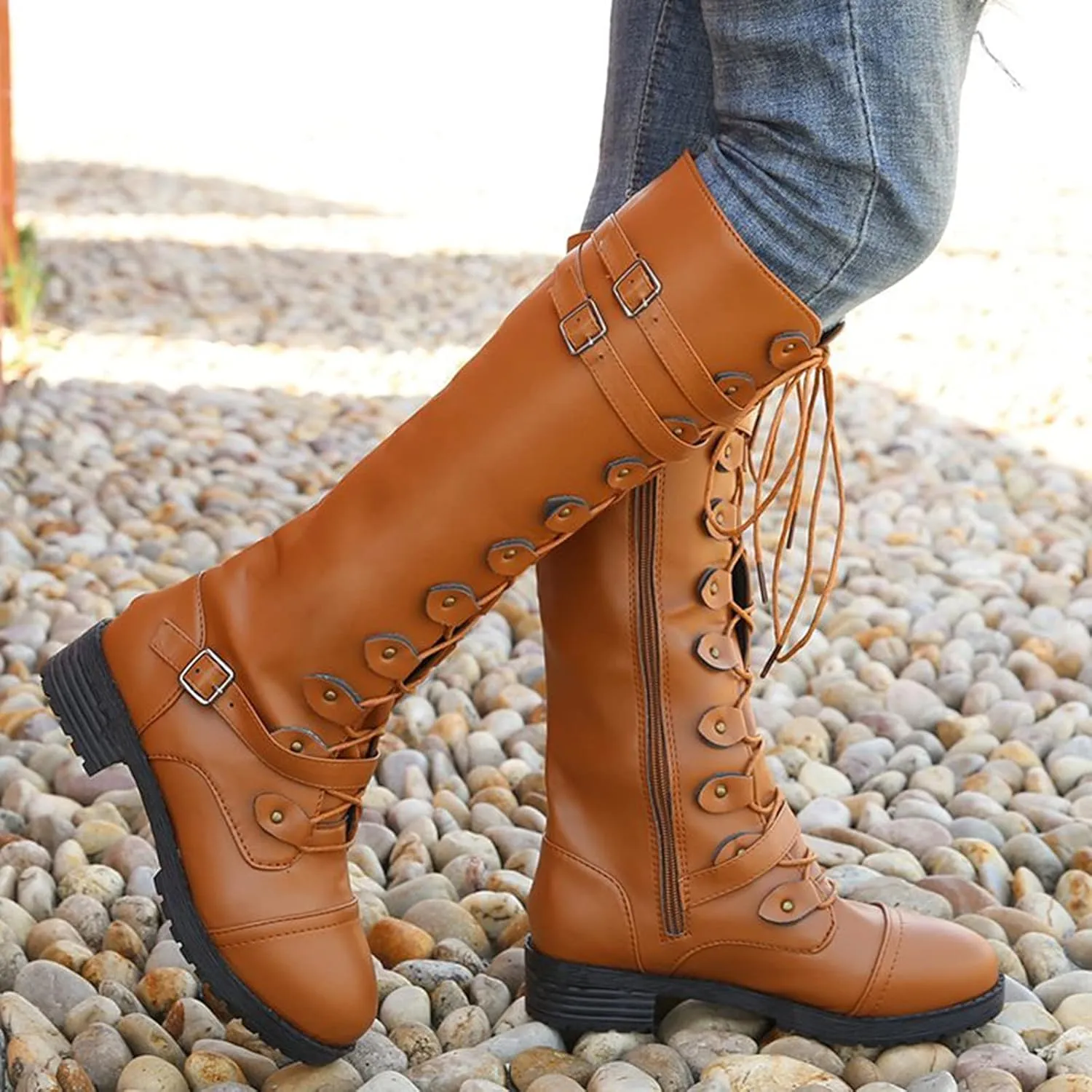 Combat Boots Womens Buckle Belt Thigh High Boots Strappy Hiking Boots Combat Boots Knee High Long Boots