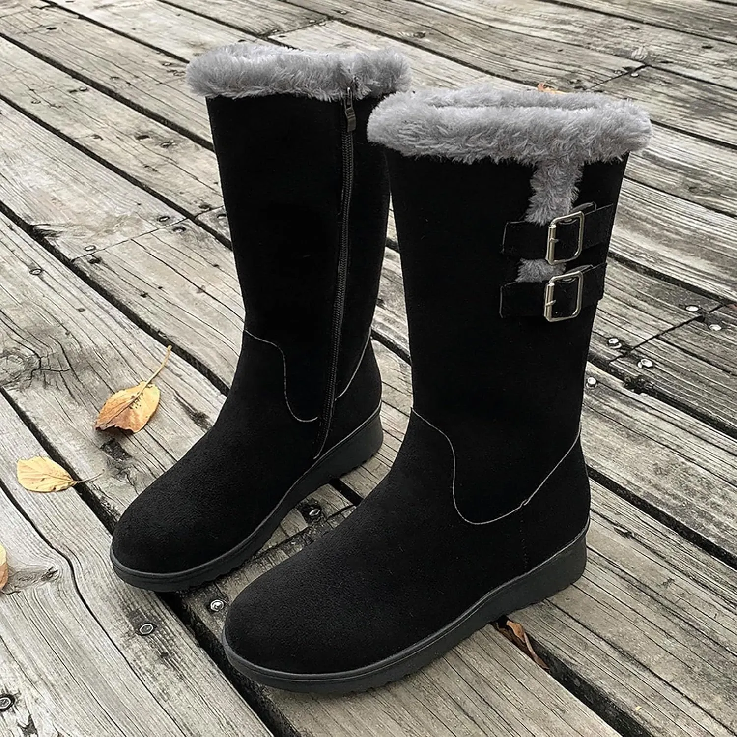Combat Boots Womens Women's Mid Calf Flock Winter Boots Keep Warm Thick Sole Buckle Zipper Snow Booties Round Toe