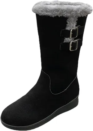 Combat Boots Womens Women's Mid Calf Flock Winter Boots Keep Warm Thick Sole Buckle Zipper Snow Booties Round Toe