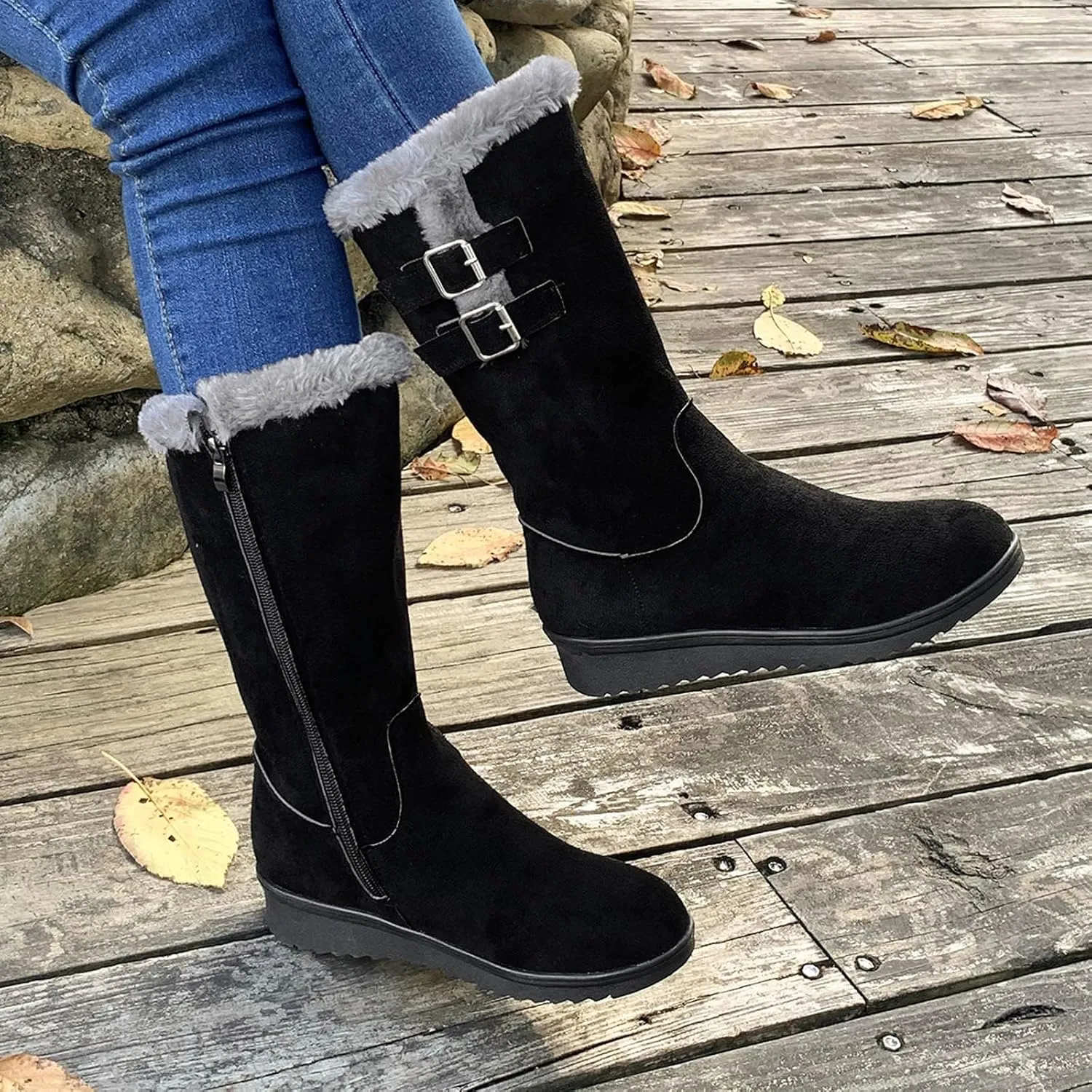Combat Boots Womens Women's Mid Calf Flock Winter Boots Keep Warm Thick Sole Buckle Zipper Snow Booties Round Toe