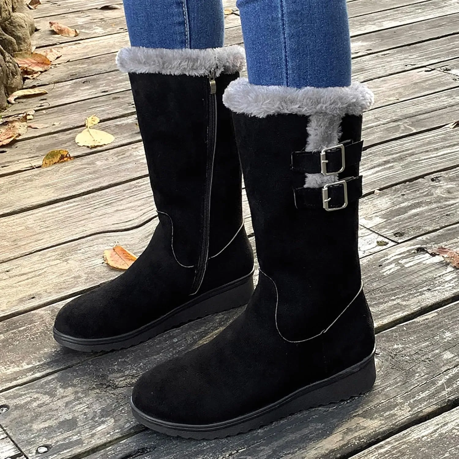 Combat Boots Womens Women's Mid Calf Flock Winter Boots Keep Warm Thick Sole Buckle Zipper Snow Booties Round Toe