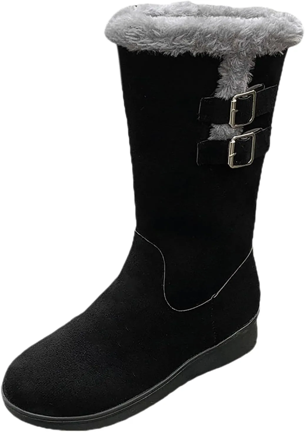 Combat Boots Womens Women's Mid Calf Flock Winter Boots Keep Warm Thick Sole Buckle Zipper Snow Booties Round Toe