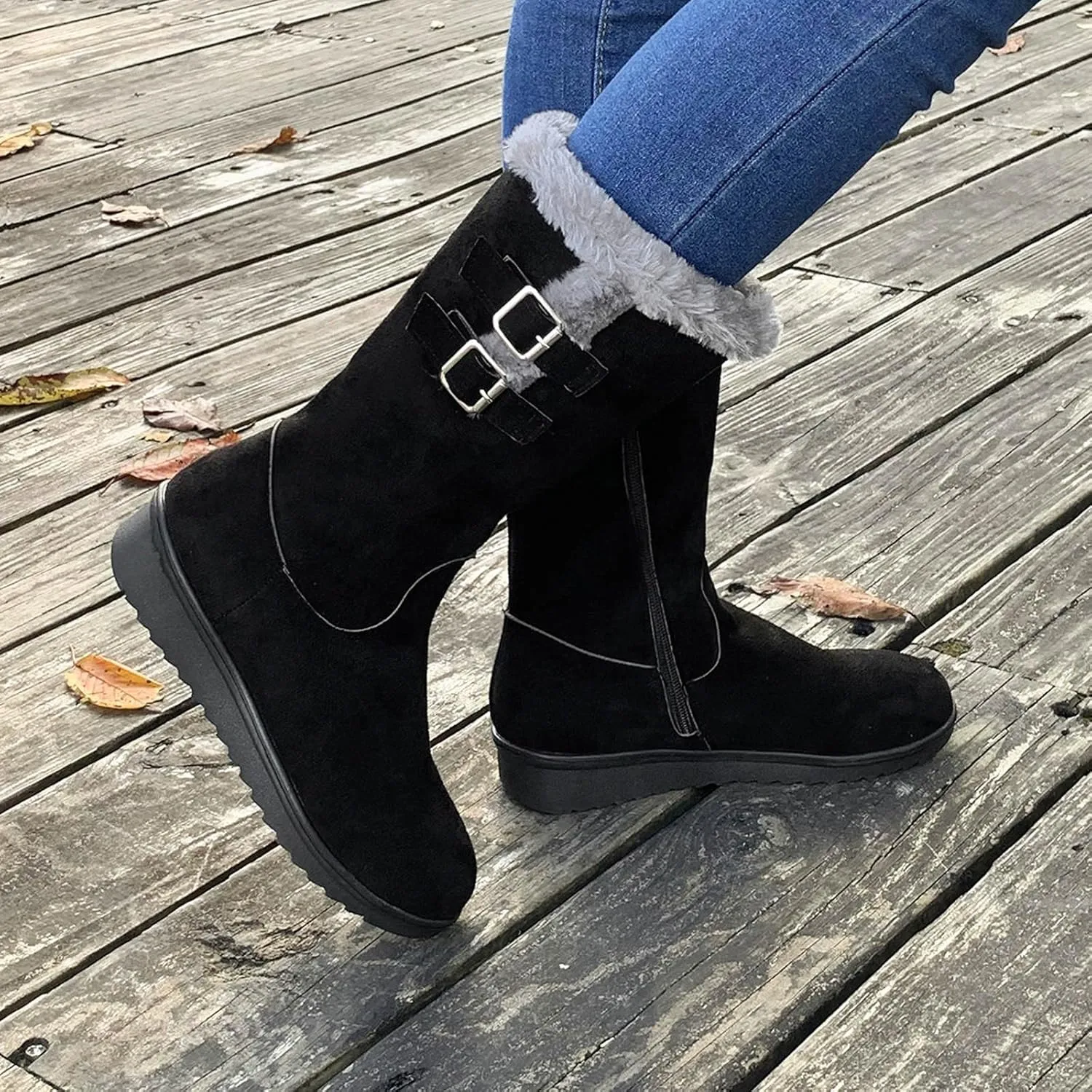 Combat Boots Womens Women's Mid Calf Flock Winter Boots Keep Warm Thick Sole Buckle Zipper Snow Booties Round Toe