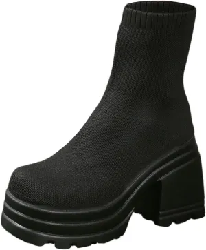 Combat Boots Womens Women's Y2K Solid Breathable Knitted Ankle Boots Lug Sole Thick Heel Halloween Short Boots