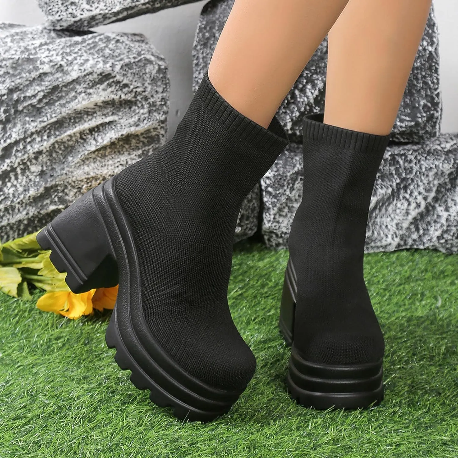 Combat Boots Womens Women's Y2K Solid Breathable Knitted Ankle Boots Lug Sole Thick Heel Halloween Short Boots