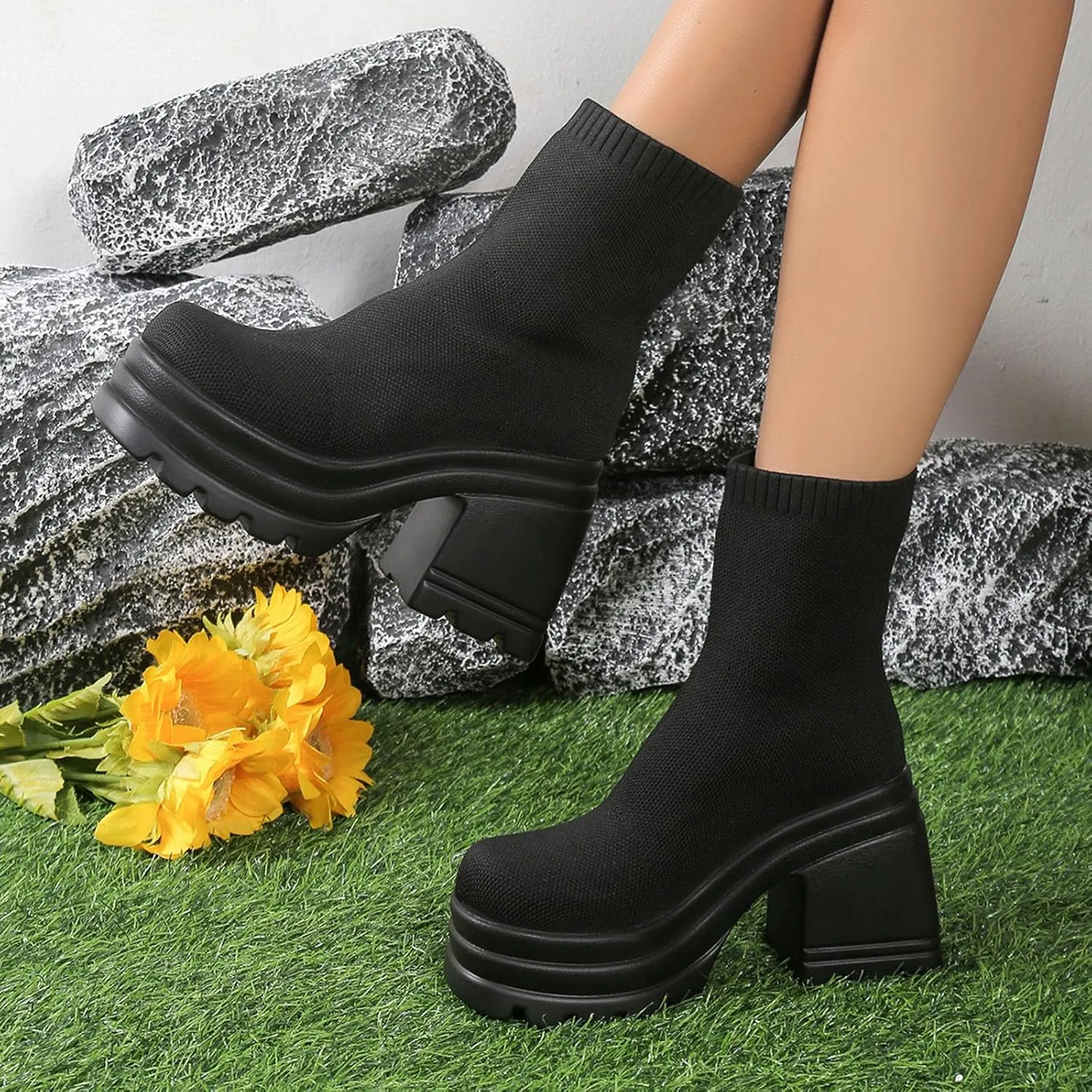 Combat Boots Womens Women's Y2K Solid Breathable Knitted Ankle Boots Lug Sole Thick Heel Halloween Short Boots