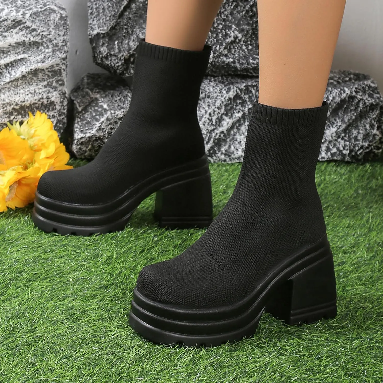 Combat Boots Womens Women's Y2K Solid Breathable Knitted Ankle Boots Lug Sole Thick Heel Halloween Short Boots