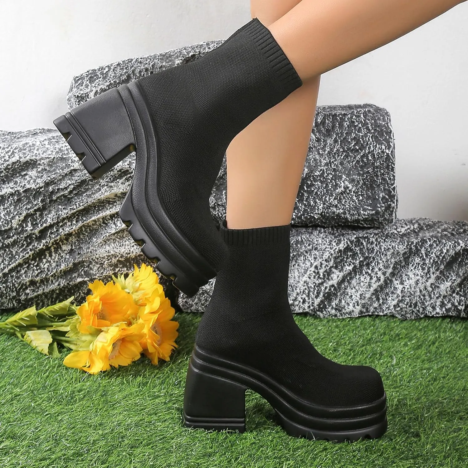 Combat Boots Womens Women's Y2K Solid Breathable Knitted Ankle Boots Lug Sole Thick Heel Halloween Short Boots