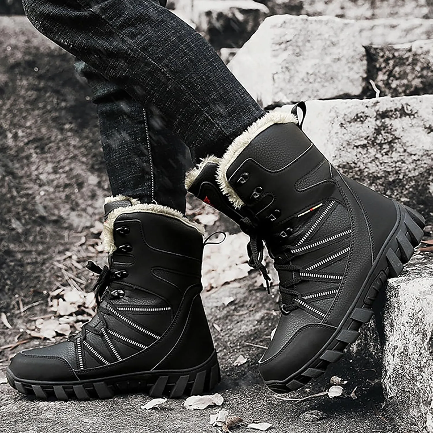 Cotton Snow Boots for Men Water Proof Insulated Mid Calf Boots Fleece Lined Warm Winter Non Slip Snow Boots