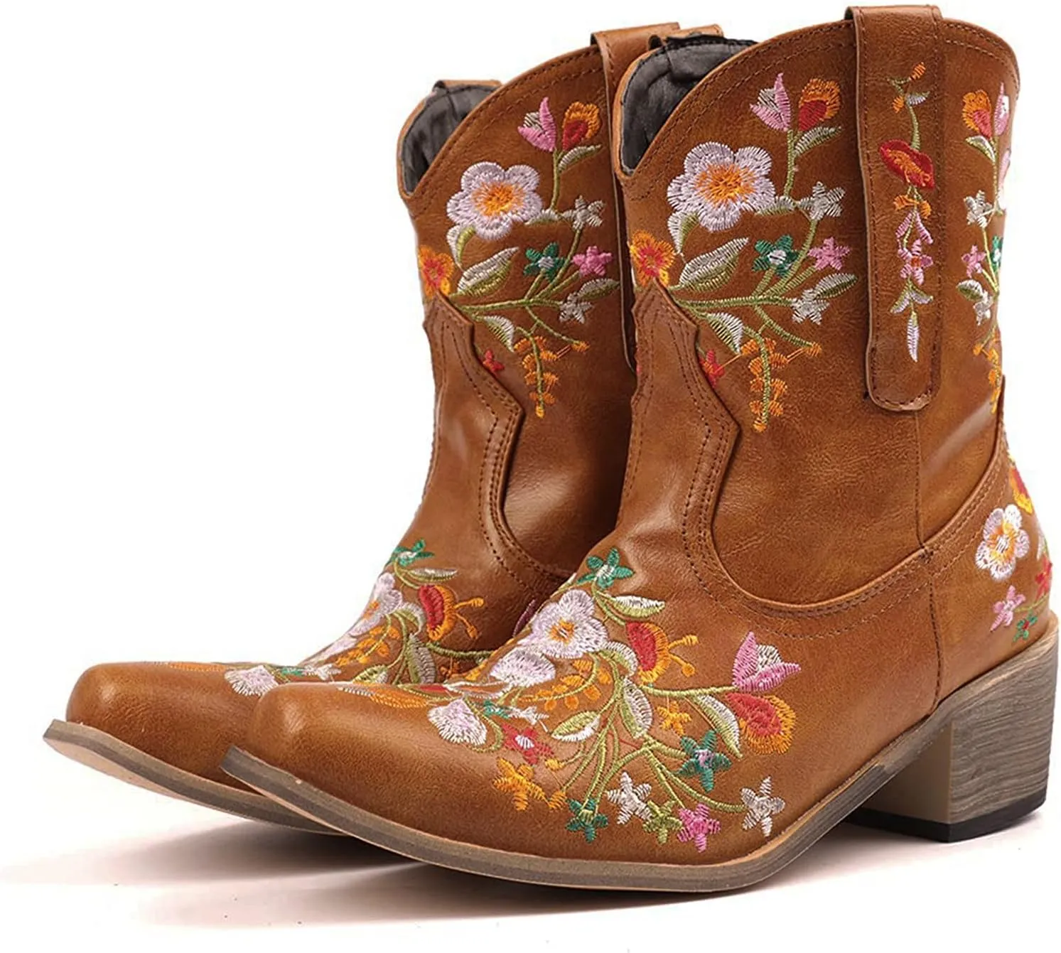 Cowboy Boots for Women Cowgirl Boots Wide Calf Chunky Heel Low Heel Pointed Toe Fashion Embroidered Pull on Boots
