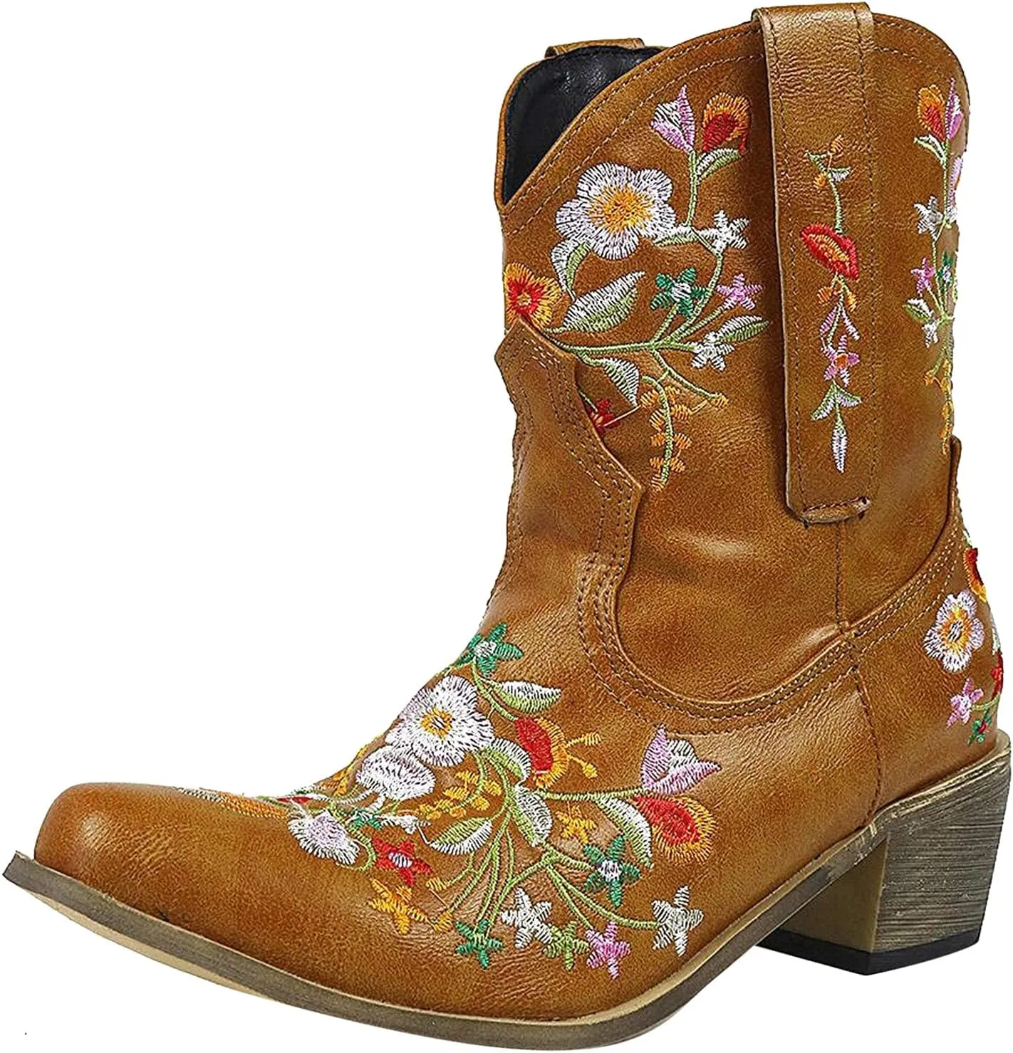 Cowboy Boots for Women Cowgirl Boots Wide Calf Chunky Heel Low Heel Pointed Toe Fashion Embroidered Pull on Boots