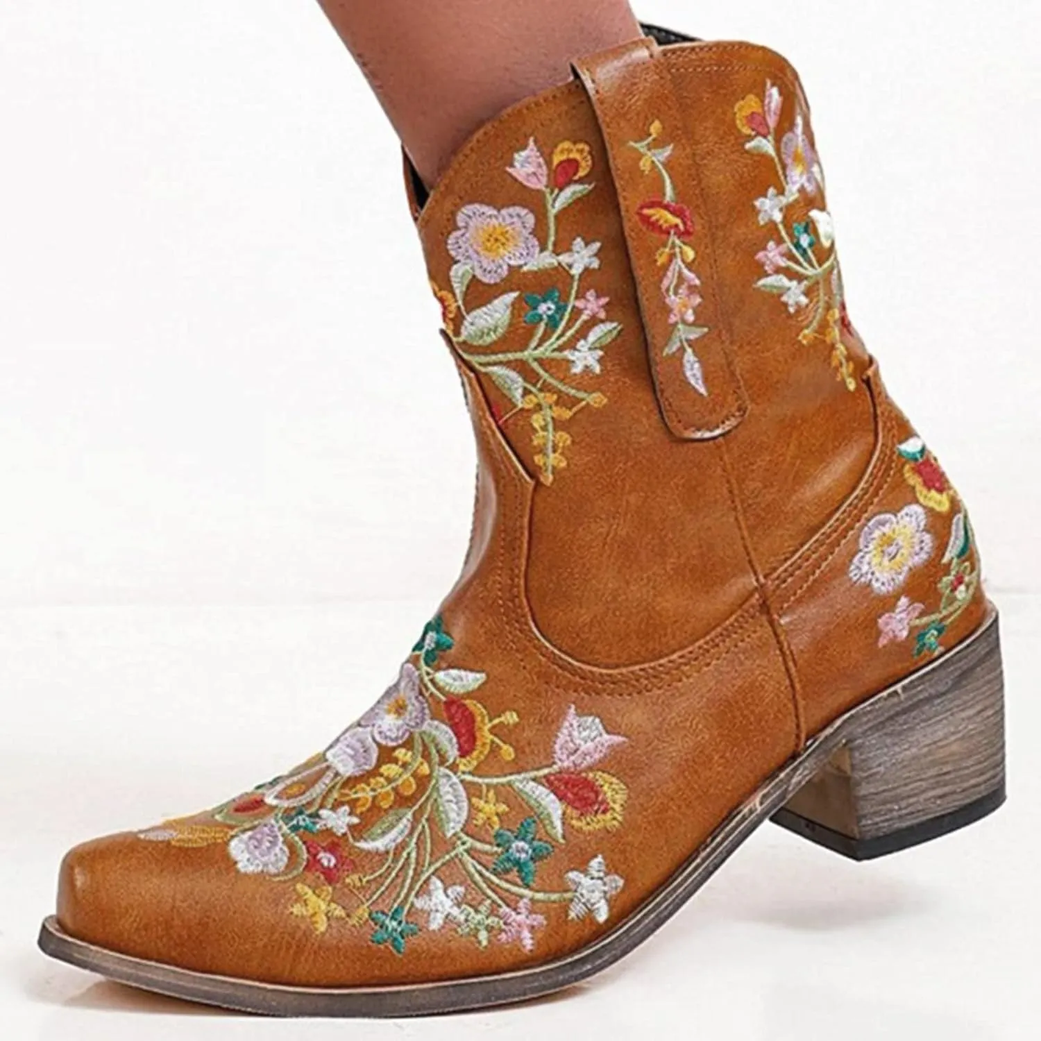 Cowboy Boots for Women Cowgirl Boots Wide Calf Chunky Heel Low Heel Pointed Toe Fashion Embroidered Pull on Boots