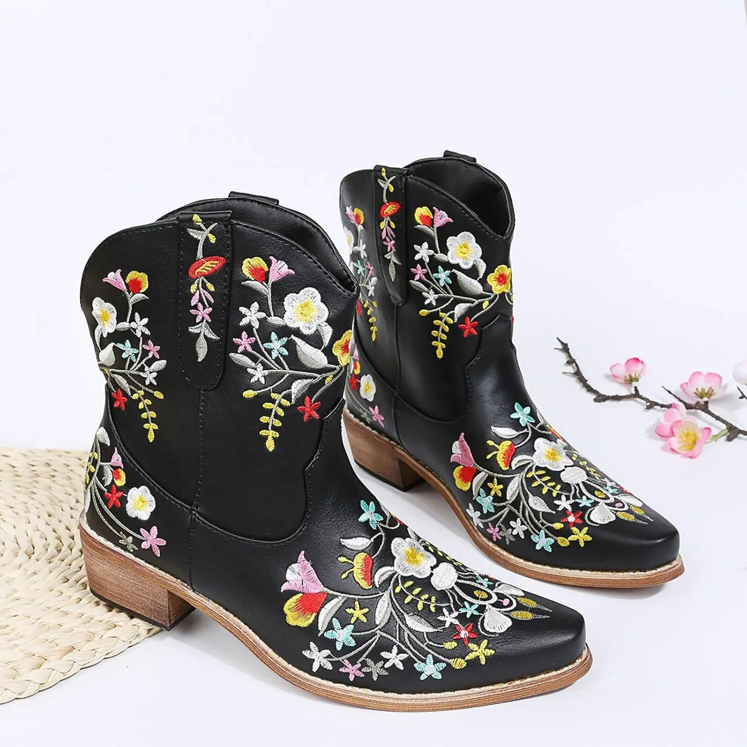 Cowboy Boots for Women Leather Wide Calf Boots for Women With Heel Solid Color Pointed Toe Flower Embroidery Boots