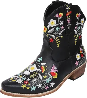 Cowboy Boots for Women Leather Wide Calf Boots for Women With Heel Solid Color Pointed Toe Flower Embroidery Boots