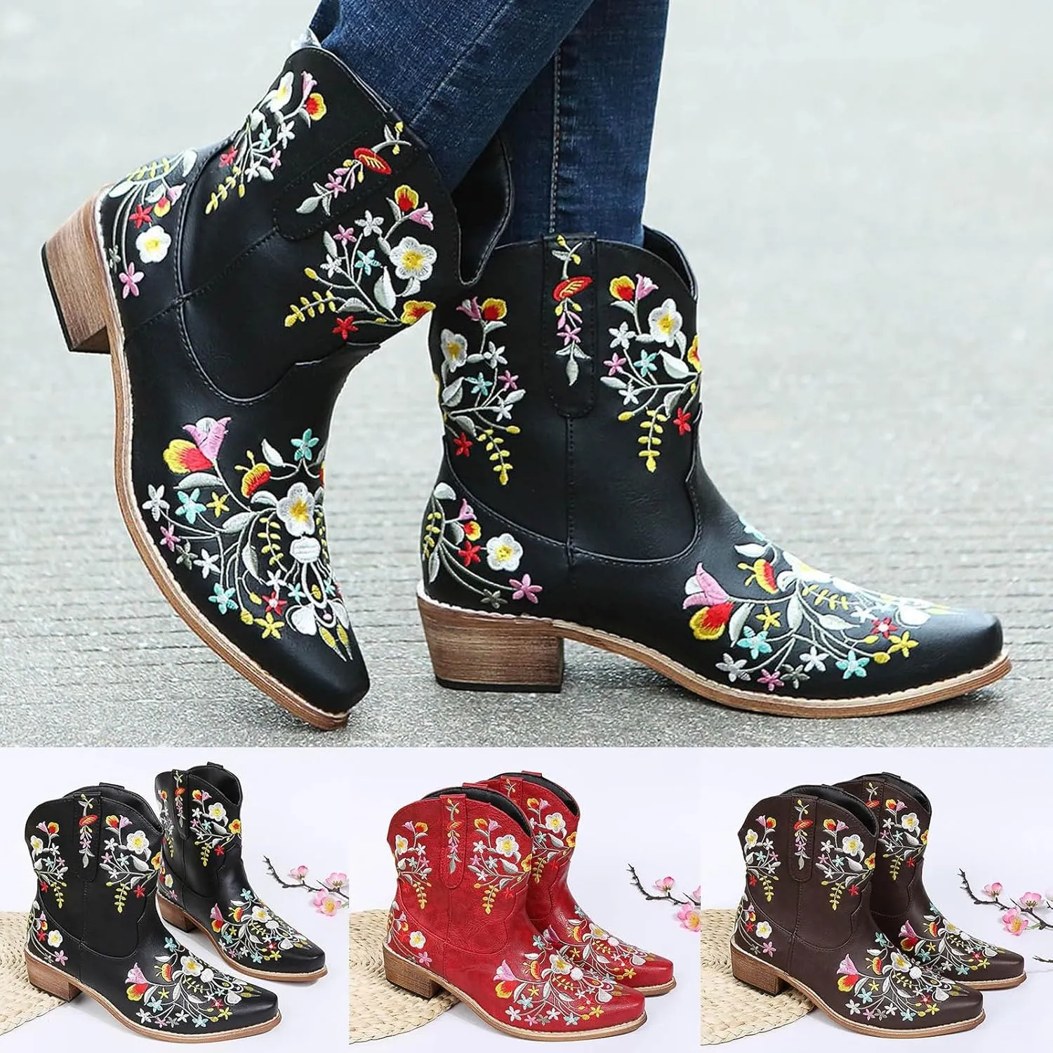 Cowboy Boots for Women Leather Wide Calf Boots for Women With Heel Solid Color Pointed Toe Flower Embroidery Boots